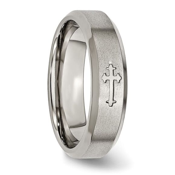 Kazi Luxury Chisel Titanium Brushed Center Cross Design 6mm Beveled Edge Band - Picture 5 of 9